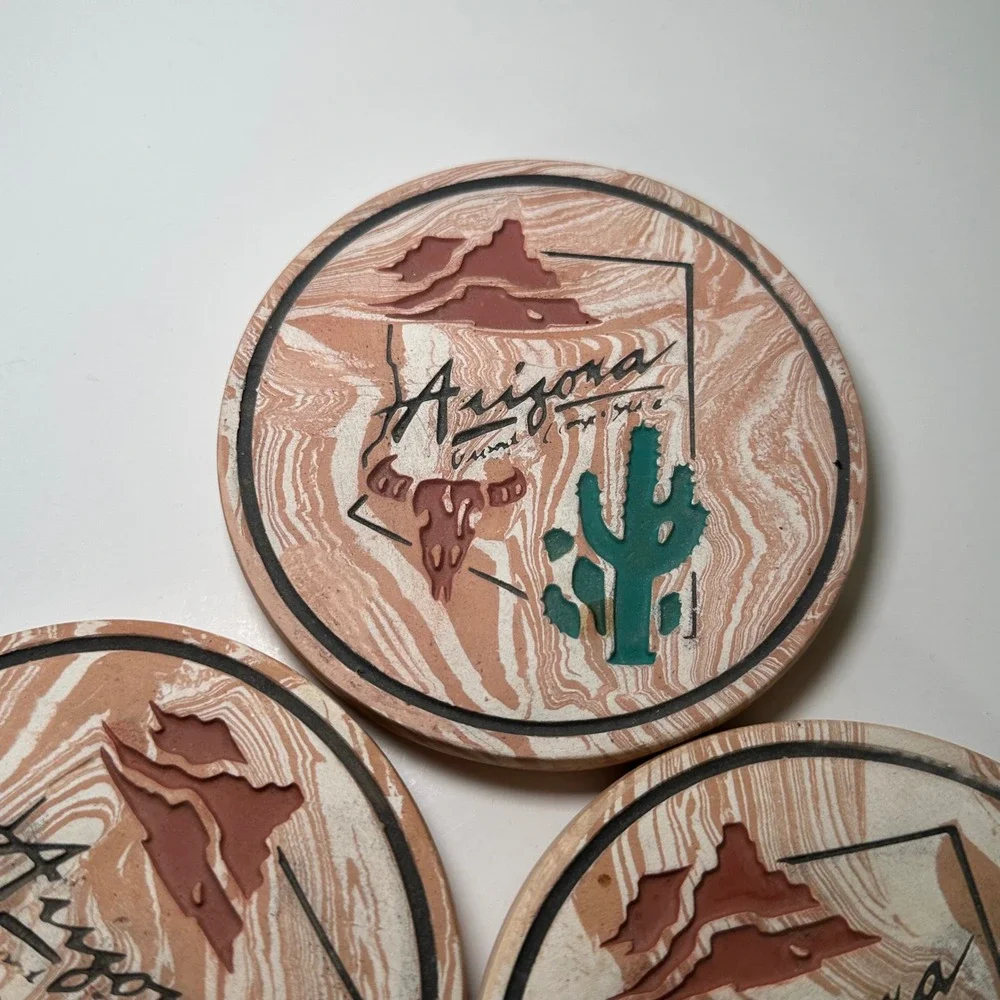 Vintage‎ Arizona Souvenir Stone Coasters Set of 3 Cactus Steer Skull Cork Back